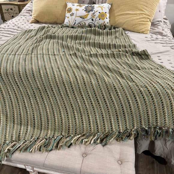 Cynthia Rowley Soft Cozy Afghan Throw fringed Green Cream Aqua 49X64 EUC - Picture 4 of 13